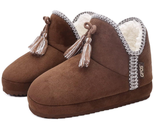 GPOS Womens House Suede Bootie Slippers Fuzzy Plush Lining Winter Ladies Warm Fluff Slippers Cozy Memory Foam Orthopedic Arch Support Plantar Fasciitis Home Shoes for Indoor Outdoor Brown Size 5