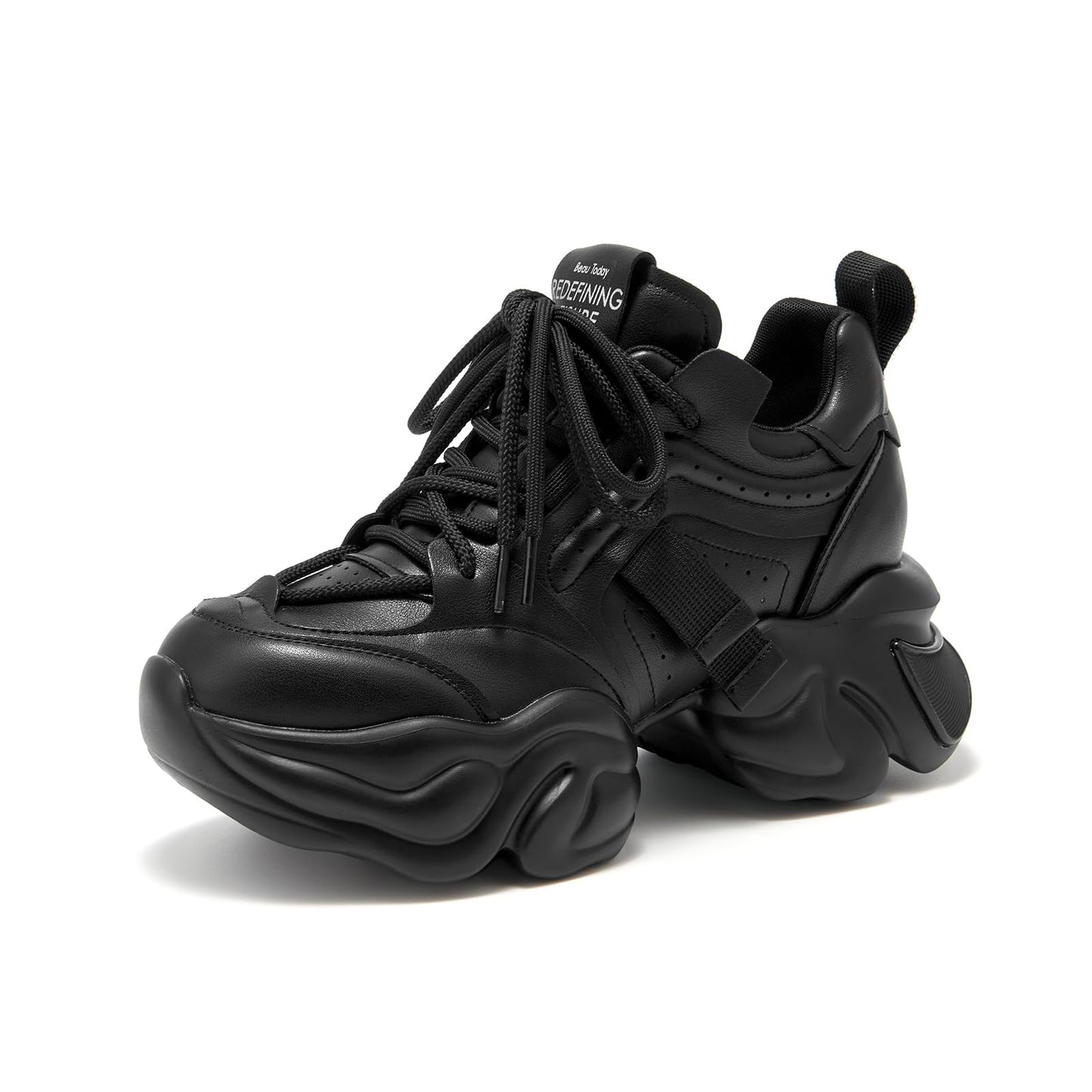BEAU TODAY Chunky Sneakers for Women Womens Fashion Sneakers Leather Sneakers Women Comfortable Casual Lace-Up Chunky Platform Dad Shoes Black US 7.5