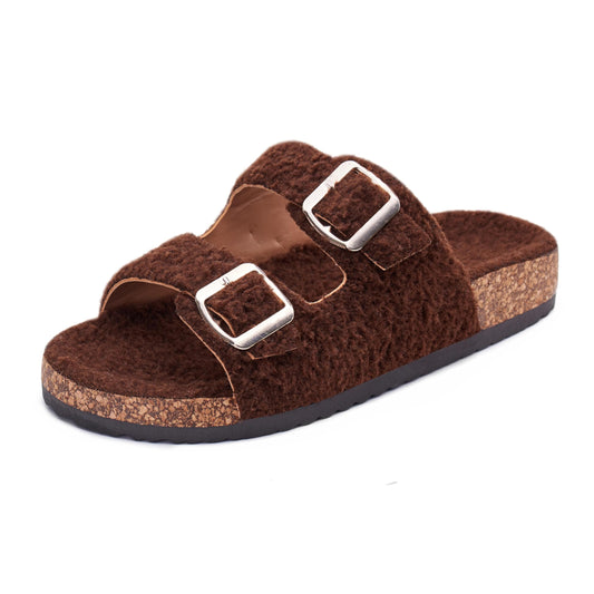Putu Womens Open Toe Slippers Fuzzy Cork Slide Sandals Fluffy Slides with Arch Support Coffee Brown size 10