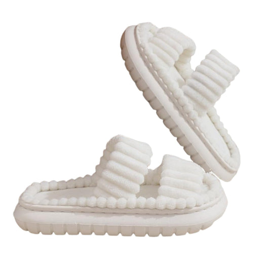 JINLONYU Womens Two Band Platform Slippers Double Band Slip On Plush Bedroom Slippers Open Toe Memory Foam Shoes Double Band White 39-40
