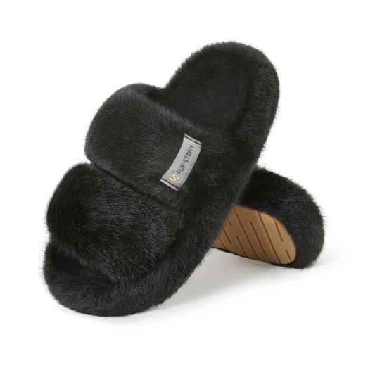 Womens House Slippers Fuzzy Platform Slides Faux Fur Fluffy Sandals Winter Memory Foam Cloud Footwear Latex Insoles
