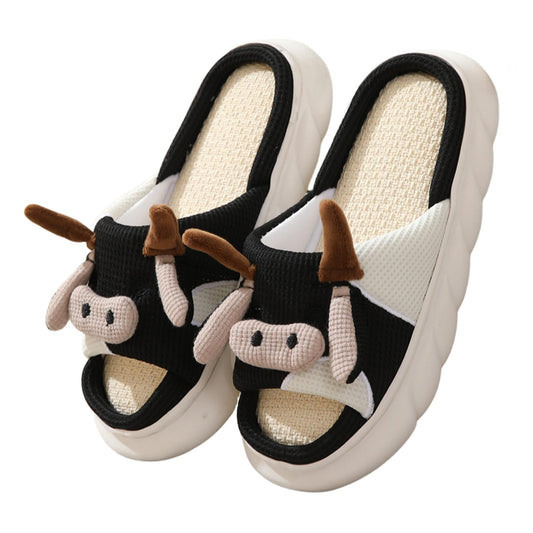 FAYUEKEY Cow Slippers for Women Men Fuzzy Slippers Indoor Ourdoor (Black Linen Adult Women 5 Numeric Range US Footwear Size System 6 Medium)